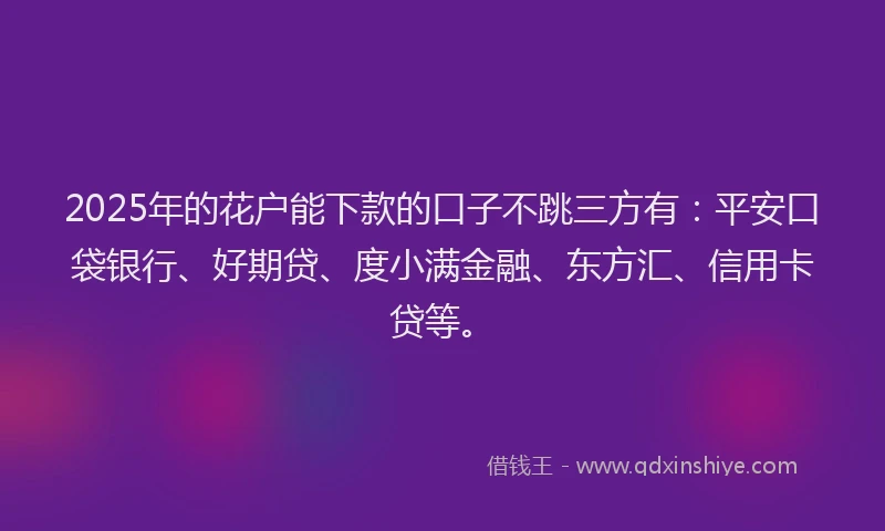 2025年的花户能下款的口子不跳三方有：平安口袋银行、好期贷、度小满金融、东方汇、信用卡贷等。