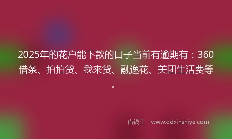 2025年的花户能下款的口子当前有逾期有：360借条、拍拍贷、我来贷、融逸花、美团生活费等。