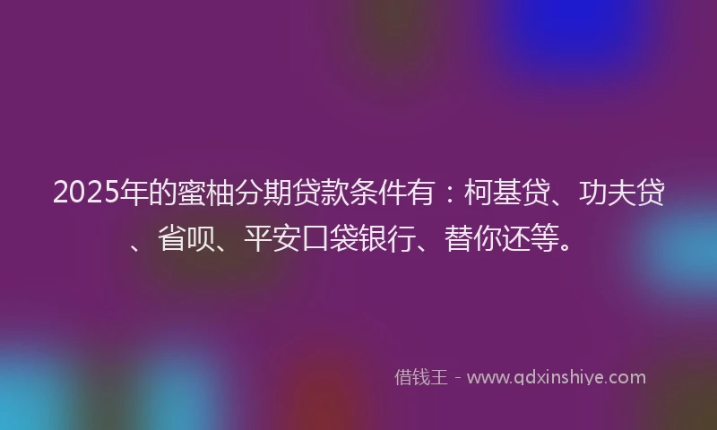 2025年的蜜柚分期贷款条件有：柯基贷、功夫贷、省呗、平安口袋银行、替你还等。