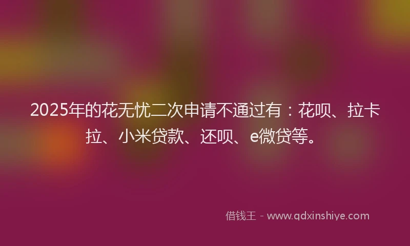 2025年的花无忧二次申请不通过有：花呗、拉卡拉、小米贷款、还呗、e微贷等。