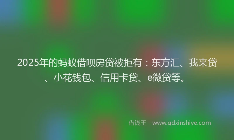 2025年的蚂蚁借呗房贷被拒有：东方汇、我来贷、小花钱包、信用卡贷、e微贷等。