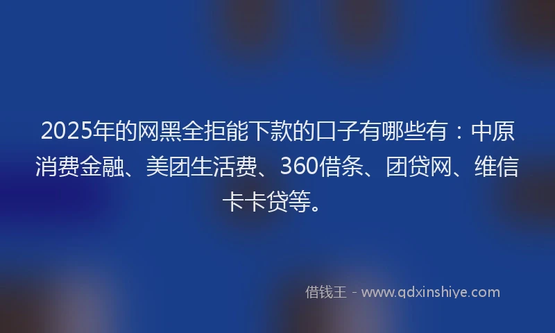 2025年的网黑全拒能下款的口子有哪些有：中原消费金融、美团生活费、360借条、团贷网、维信卡卡贷等。