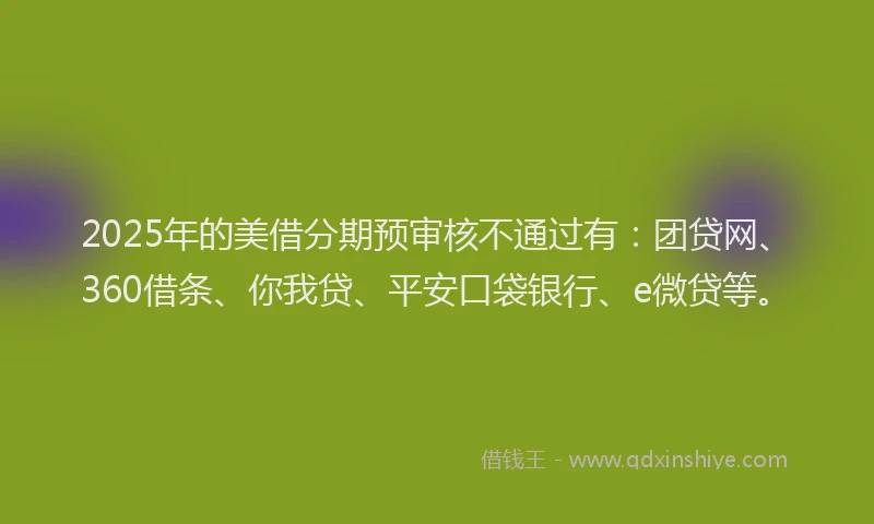 2025年的美借分期预审核不通过有：团贷网、360借条、你我贷、平安口袋银行、e微贷等。