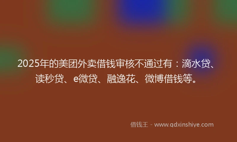 2025年的美团外卖借钱审核不通过有：滴水贷、读秒贷、e微贷、融逸花、微博借钱等。