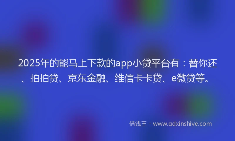 2025年的能马上下款的app小贷平台有：替你还、拍拍贷、京东金融、维信卡卡贷、e微贷等。