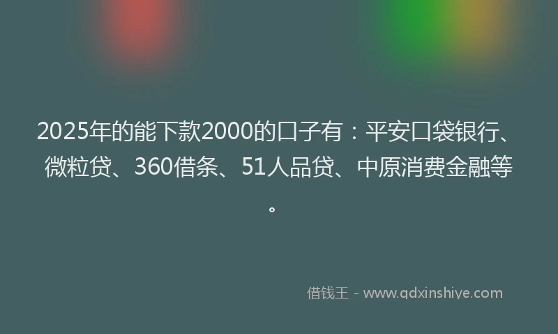 2025年的能下款2000的口子有：平安口袋银行、微粒贷、360借条、51人品贷、中原消费金融等。