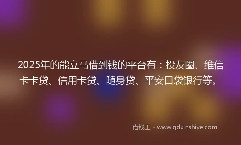 2025年的能立马借到钱的平台有：投友圈、维信卡卡贷、信用卡贷、随身贷、平安口袋银行等。