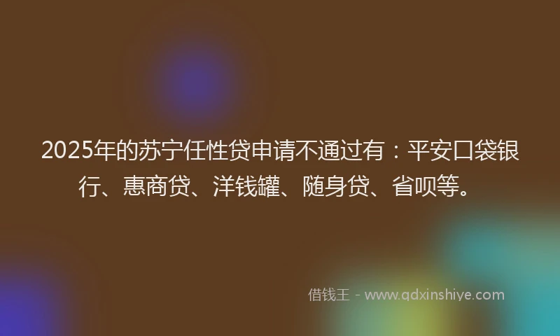 2025年的苏宁任性贷申请不通过有：平安口袋银行、惠商贷、洋钱罐、随身贷、省呗等。