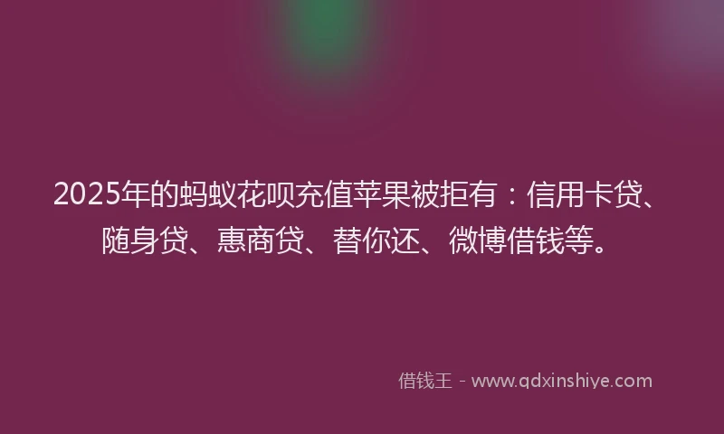 2025年的蚂蚁花呗充值苹果被拒有：信用卡贷、随身贷、惠商贷、替你还、微博借钱等。