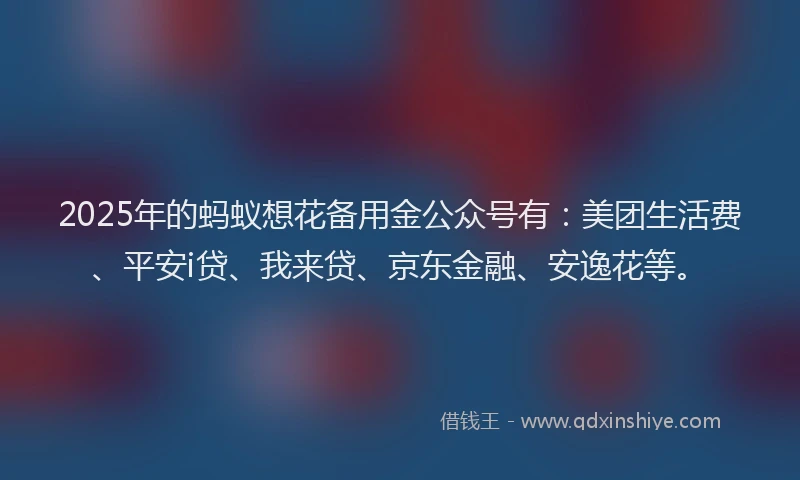 2025年的蚂蚁想花备用金公众号有：美团生活费、平安i贷、我来贷、京东金融、安逸花等。