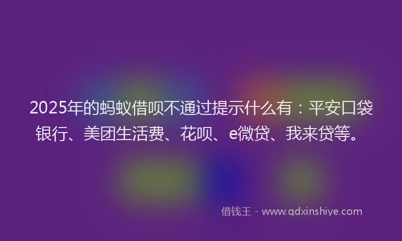 2025年的蚂蚁借呗不通过提示什么有：平安口袋银行、美团生活费、花呗、e微贷、我来贷等。