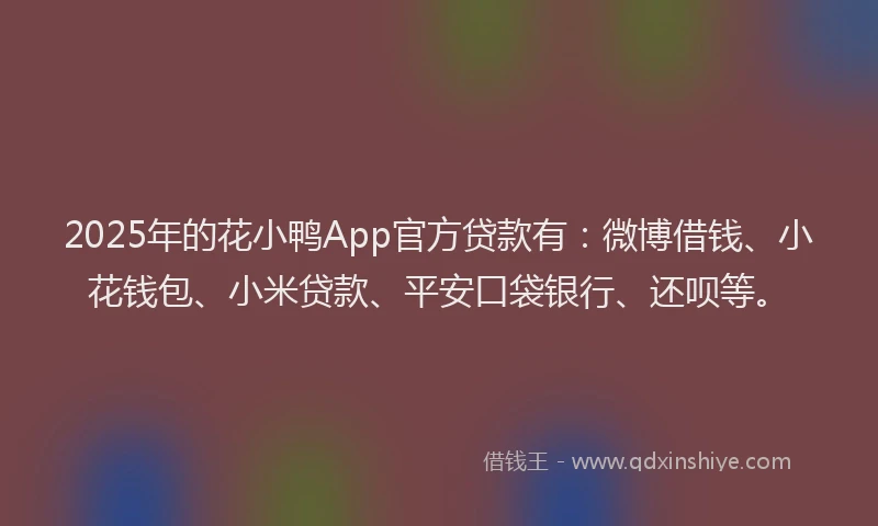 2025年的花小鸭App官方贷款有：微博借钱、小花钱包、小米贷款、平安口袋银行、还呗等。