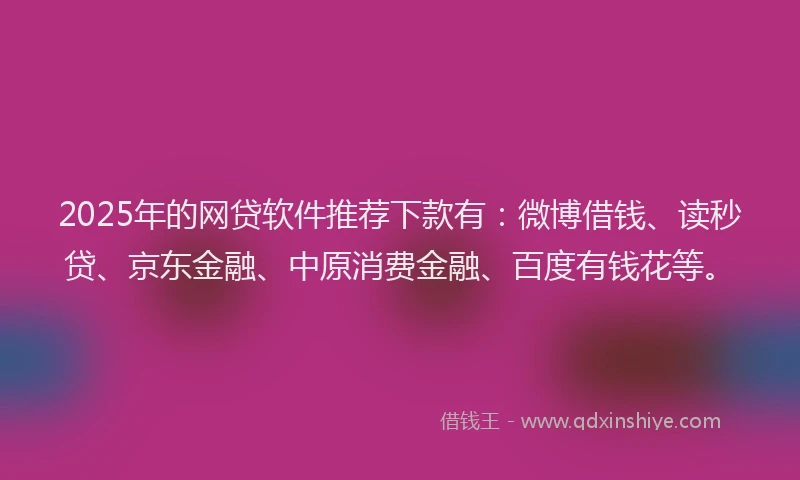 2025年的网贷软件推荐下款有：微博借钱、读秒贷、京东金融、中原消费金融、百度有钱花等。