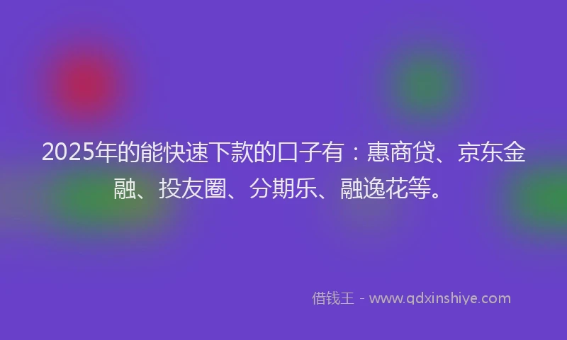 2025年的能快速下款的口子有：惠商贷、京东金融、投友圈、分期乐、融逸花等。