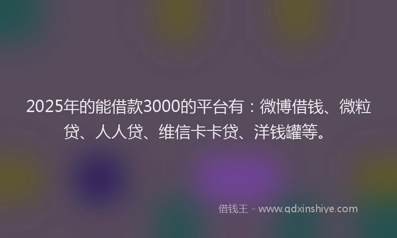 2025年的能借款3000的平台有：微博借钱、微粒贷、人人贷、维信卡卡贷、洋钱罐等。