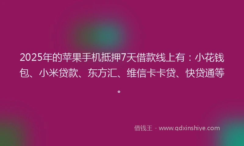 2025年的苹果手机抵押7天借款线上有：小花钱包、小米贷款、东方汇、维信卡卡贷、快贷通等。