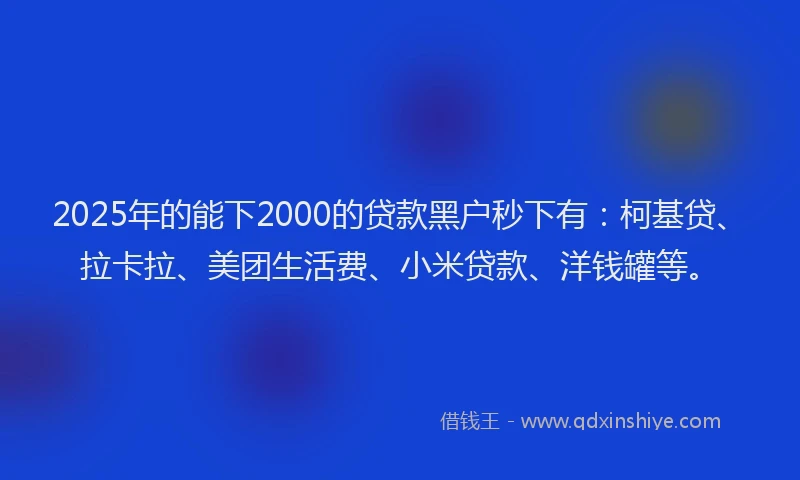 2025年的能下2000的贷款黑户秒下有：柯基贷、拉卡拉、美团生活费、小米贷款、洋钱罐等。