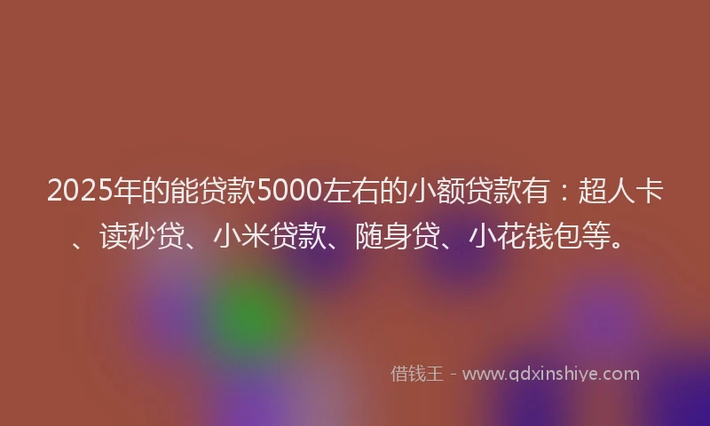 2025年的能贷款5000左右的小额贷款有：超人卡、读秒贷、小米贷款、随身贷、小花钱包等。