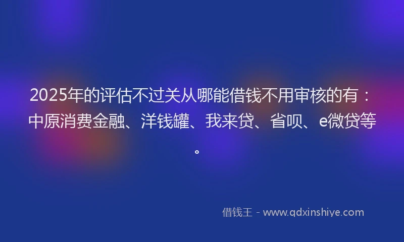 2025年的评估不过关从哪能借钱不用审核的有：中原消费金融、洋钱罐、我来贷、省呗、e微贷等。