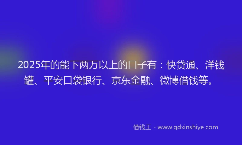 2025年的能下两万以上的口子有：快贷通、洋钱罐、平安口袋银行、京东金融、微博借钱等。
