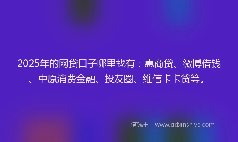 2025年的网贷口子哪里找有：惠商贷、微博借钱、中原消费金融、投友圈、维信卡卡贷等。