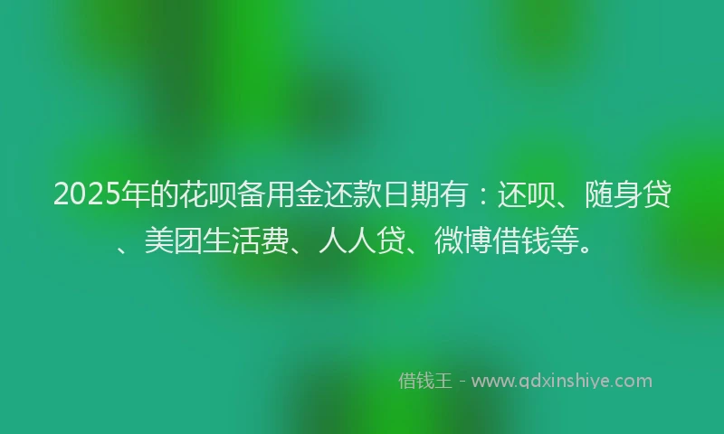 2025年的花呗备用金还款日期有：还呗、随身贷、美团生活费、人人贷、微博借钱等。