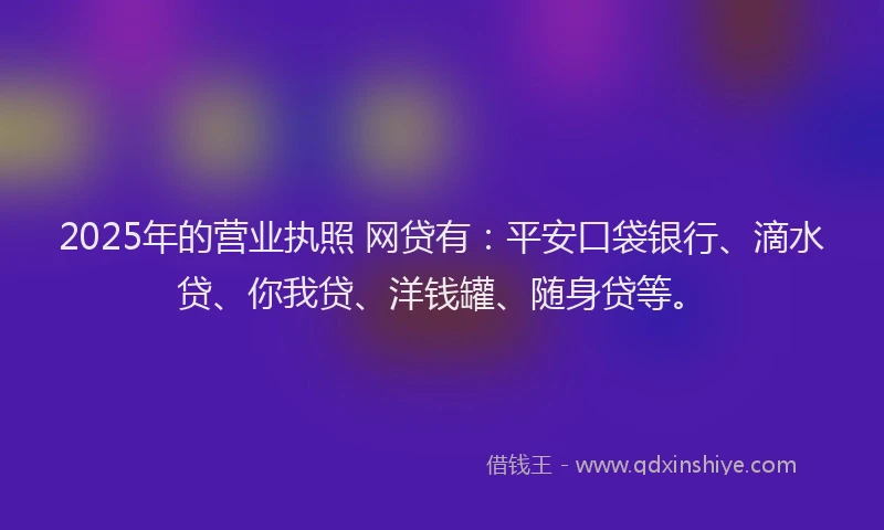 2025年的营业执照 网贷有：平安口袋银行、滴水贷、你我贷、洋钱罐、随身贷等。