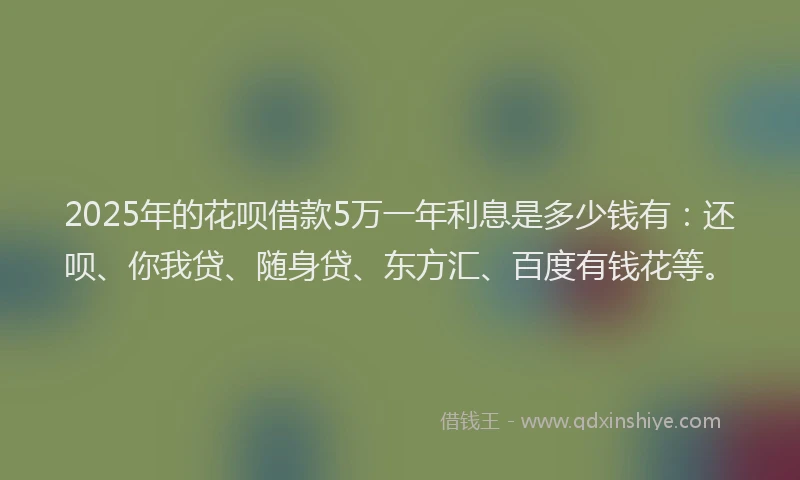 2025年的花呗借款5万一年利息是多少钱有：还呗、你我贷、随身贷、东方汇、百度有钱花等。