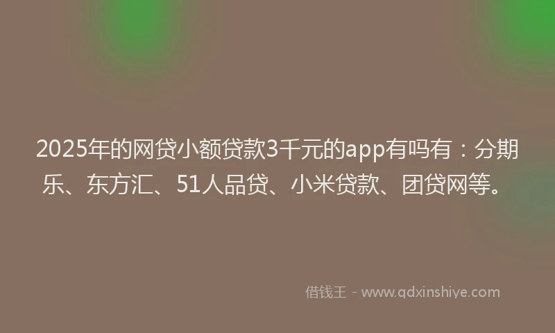 2025年的网贷小额贷款3千元的app有吗有：分期乐、东方汇、51人品贷、小米贷款、团贷网等。