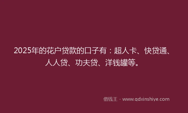 2025年的花户贷款的口子有：超人卡、快贷通、人人贷、功夫贷、洋钱罐等。