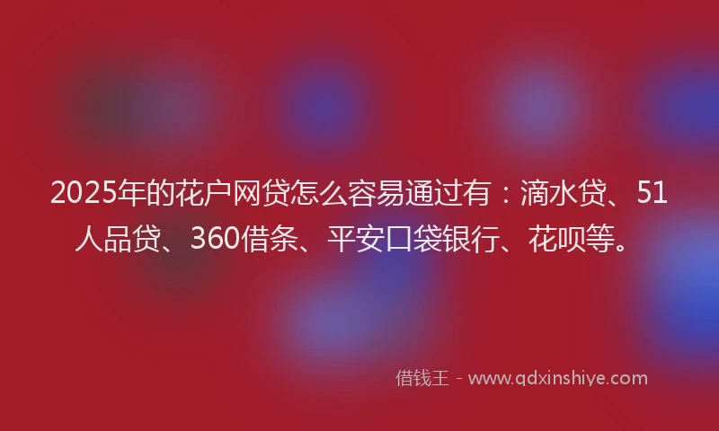2025年的花户网贷怎么容易通过有：滴水贷、51人品贷、360借条、平安口袋银行、花呗等。