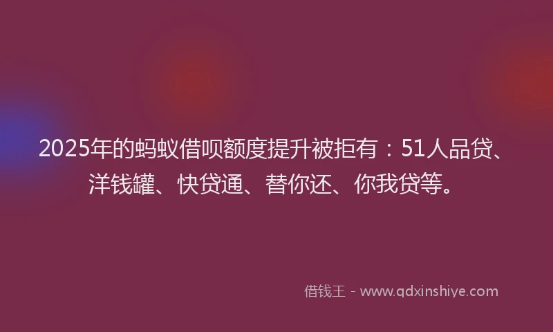 2025年的蚂蚁借呗额度提升被拒有：51人品贷、洋钱罐、快贷通、替你还、你我贷等。