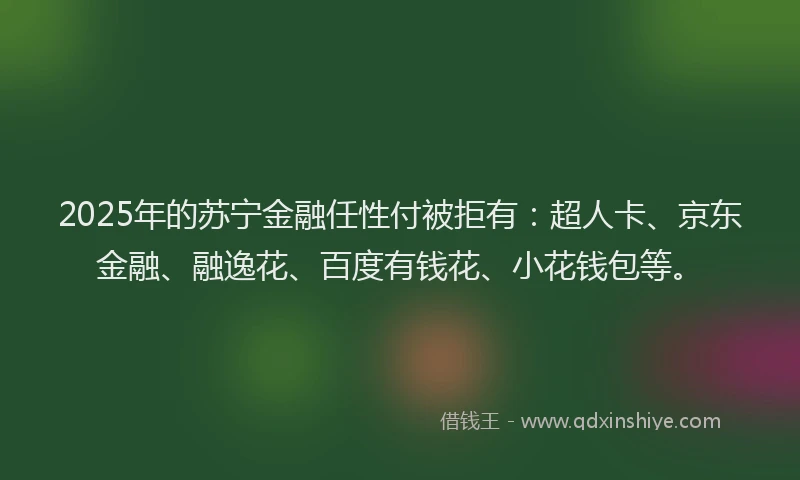 2025年的苏宁金融任性付被拒有：超人卡、京东金融、融逸花、百度有钱花、小花钱包等。