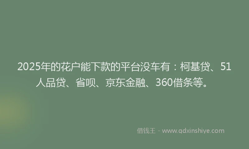 2025年的花户能下款的平台没车有：柯基贷、51人品贷、省呗、京东金融、360借条等。