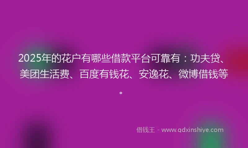 2025年的花户有哪些借款平台可靠有：功夫贷、美团生活费、百度有钱花、安逸花、微博借钱等。