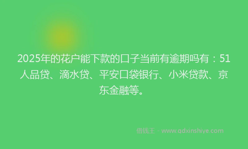 2025年的花户能下款的口子当前有逾期吗有：51人品贷、滴水贷、平安口袋银行、小米贷款、京东金融等。