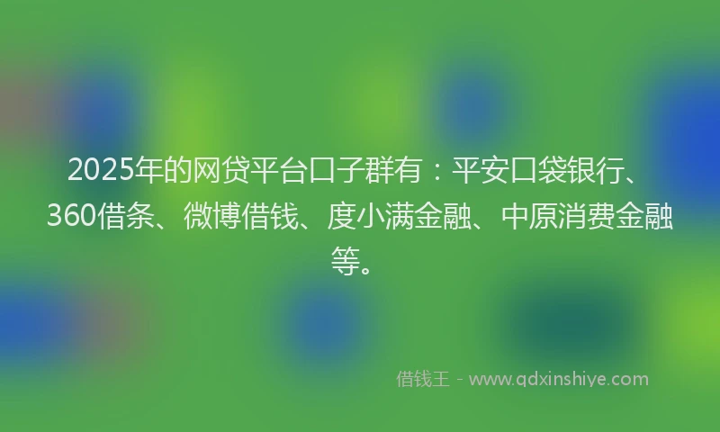 2025年的网贷平台口子群有：平安口袋银行、360借条、微博借钱、度小满金融、中原消费金融等。