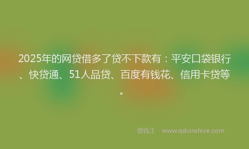 2025年的网贷借多了贷不下款有：平安口袋银行、快贷通、51人品贷、百度有钱花、信用卡贷等。