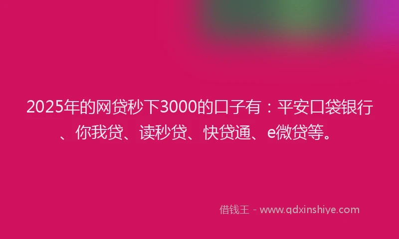 2025年的网贷秒下3000的口子有：平安口袋银行、你我贷、读秒贷、快贷通、e微贷等。