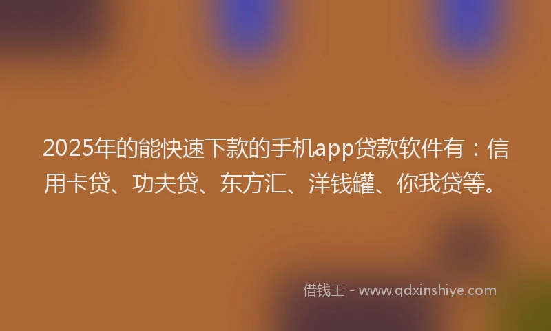 2025年的能快速下款的手机app贷款软件有：信用卡贷、功夫贷、东方汇、洋钱罐、你我贷等。