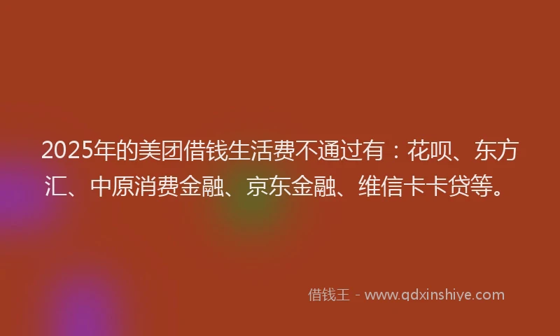 2025年的美团借钱生活费不通过有：花呗、东方汇、中原消费金融、京东金融、维信卡卡贷等。