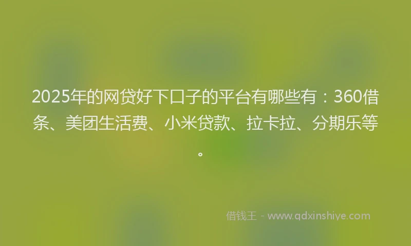 2025年的网贷好下口子的平台有哪些有:360借条、美团生活费、小米贷款、拉卡拉、分期乐等。