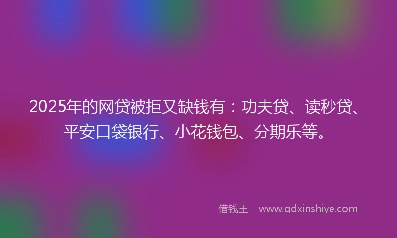 2025年的网贷被拒又缺钱有：功夫贷、读秒贷、平安口袋银行、小花钱包、分期乐等。
