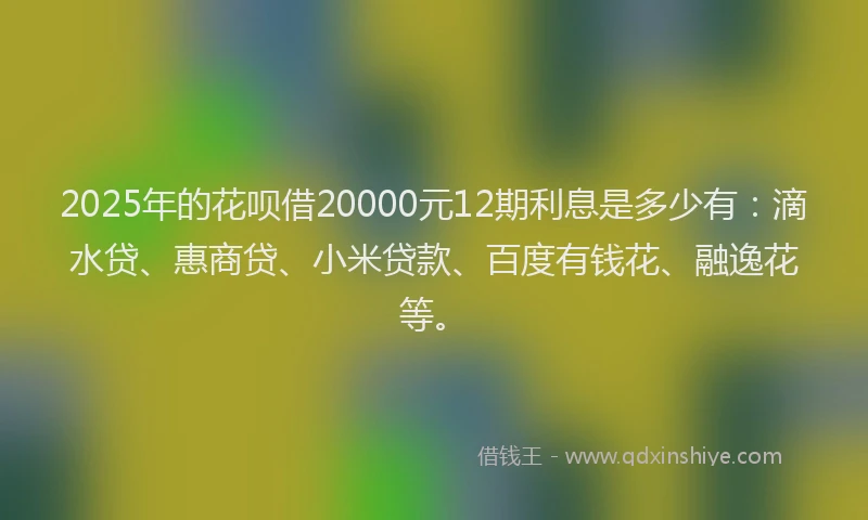 2025年的花呗借20000元12期利息是多少有：滴水贷、惠商贷、小米贷款、百度有钱花、融逸花等。