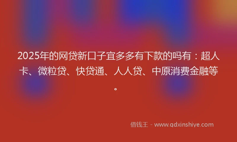2025年的网贷新口子宜多多有下款的吗有：超人卡、微粒贷、快贷通、人人贷、中原消费金融等。
