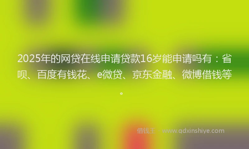 2025年的网贷在线申请贷款16岁能申请吗有：省呗、百度有钱花、e微贷、京东金融、微博借钱等。