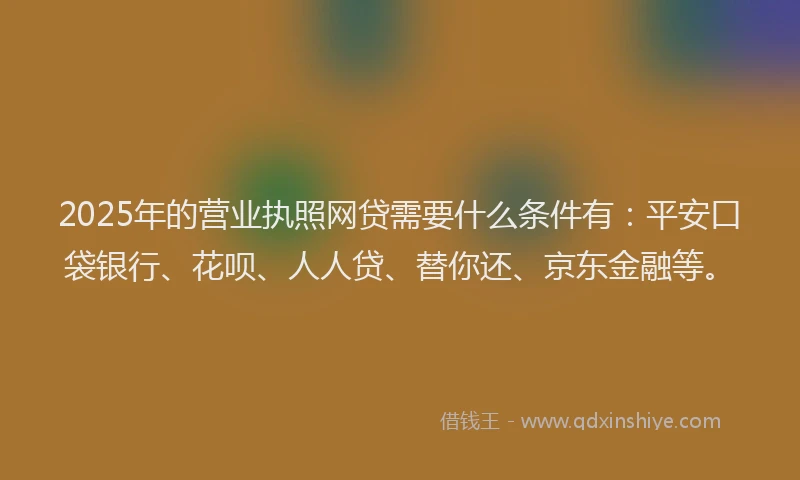 2025年的营业执照网贷需要什么条件有：平安口袋银行、花呗、人人贷、替你还、京东金融等。