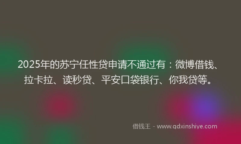 2025年的苏宁任性贷申请不通过有：微博借钱、拉卡拉、读秒贷、平安口袋银行、你我贷等。