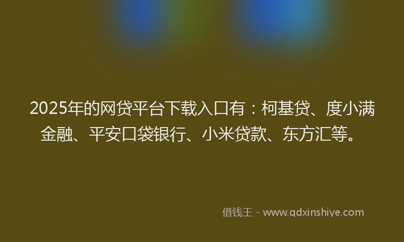 2025年的网贷平台下载入口有：柯基贷、度小满金融、平安口袋银行、小米贷款、东方汇等。