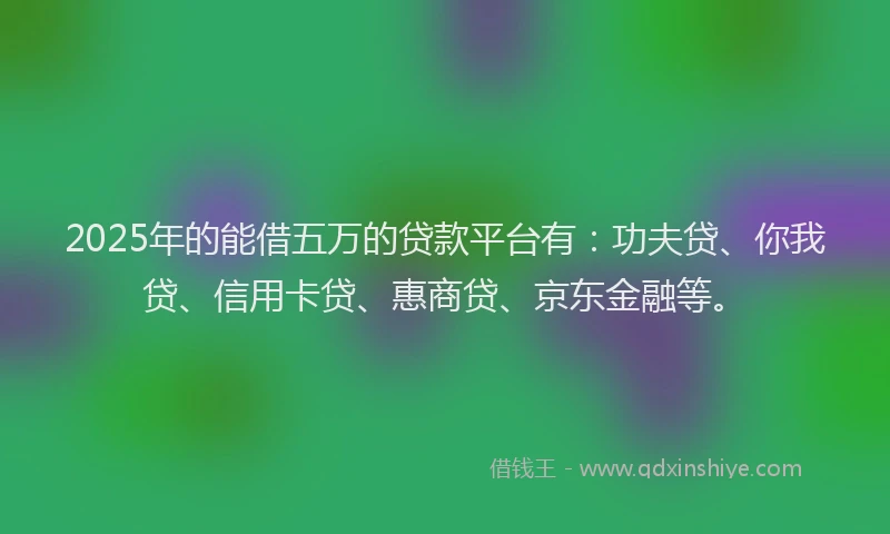 2025年的能借五万的贷款平台有：功夫贷、你我贷、信用卡贷、惠商贷、京东金融等。